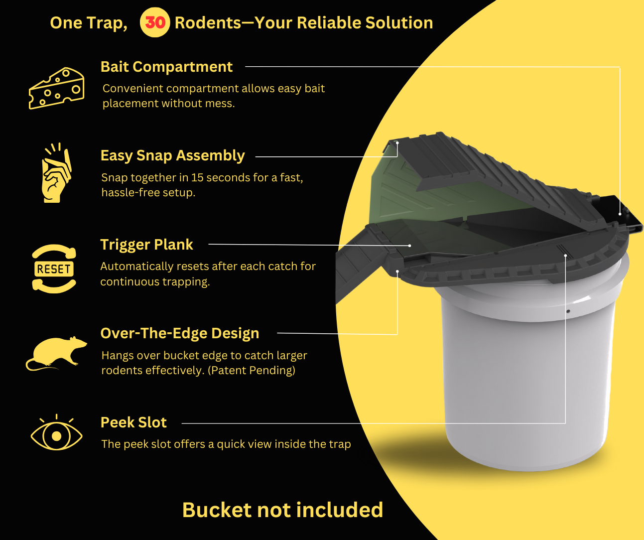 Bucket Lid Trap by Vulcan – Multi-Catch, Humane or Lethal Rodent Trap for Rats, Squirrels, Chipmunks and Mid-Sized Rodents (Not a Mouse Trap)